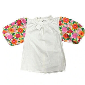 NWT THML Puff Sleeve Embroidery Womens Small White Top Buttons down the back